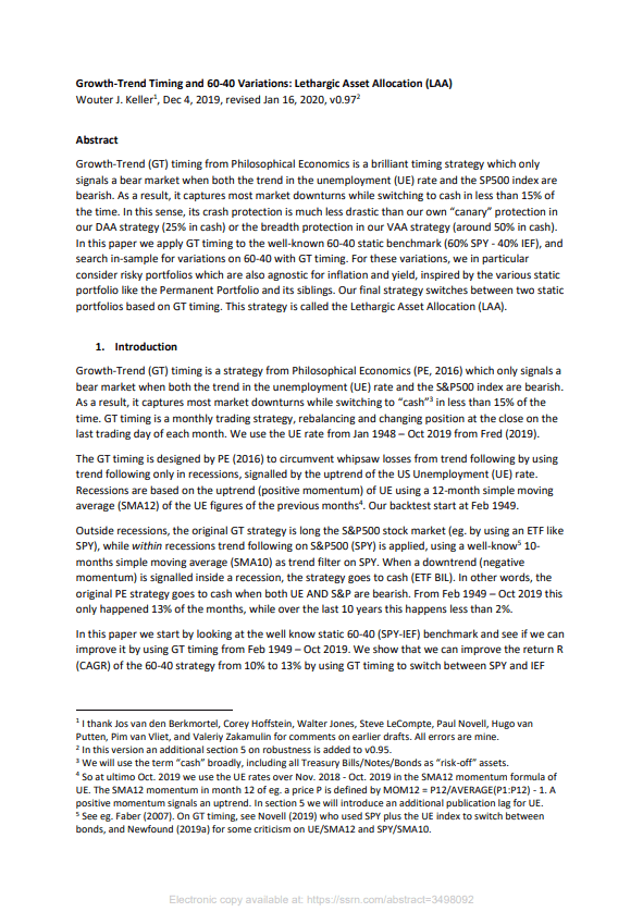 Wouter J. Keller: Growth-Trend Timing and 60-40 Variations: Lethargic Asset Allocation